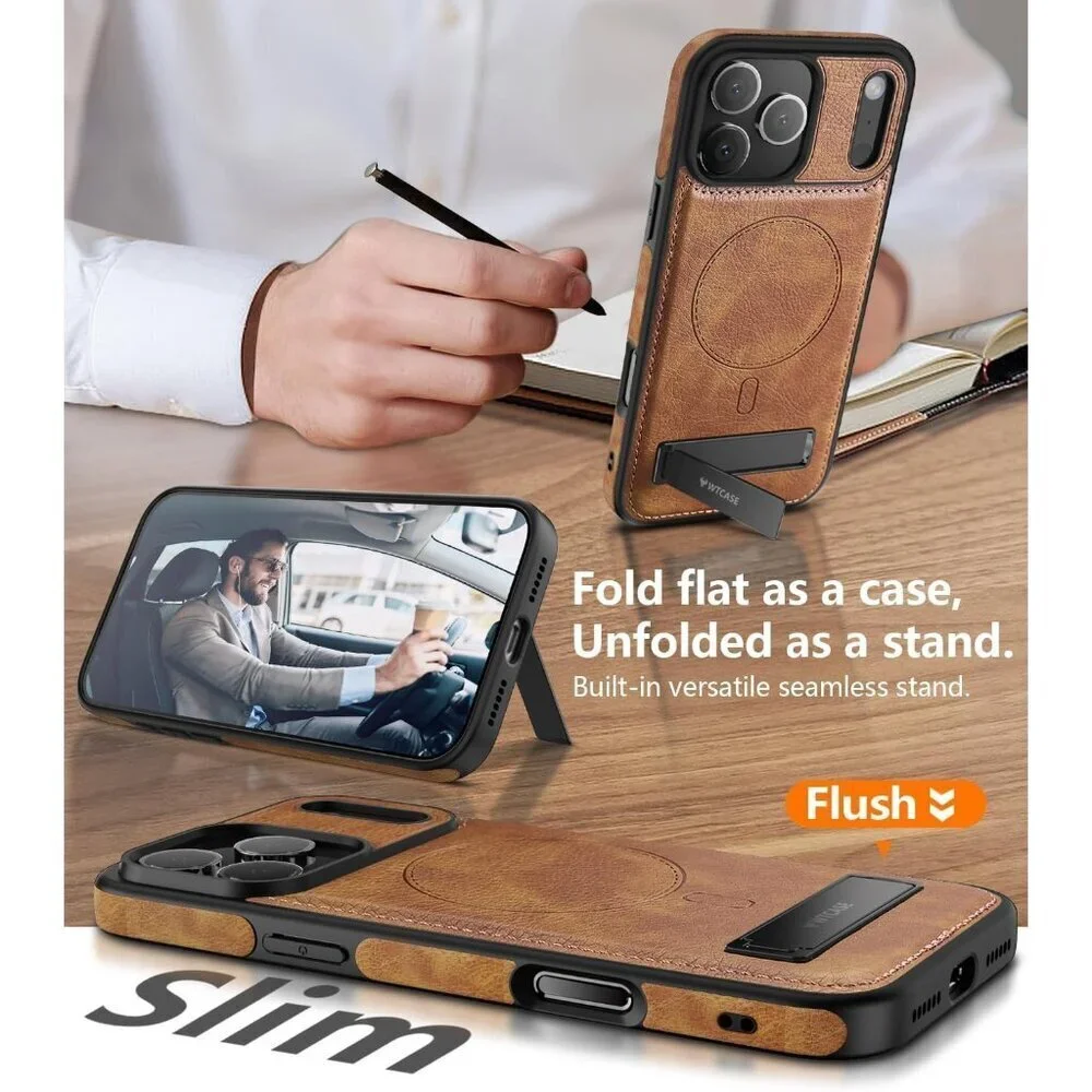 Brown Iphone 17 Pro Max Invisible Stand Protective Slim Kickstand Leather Case